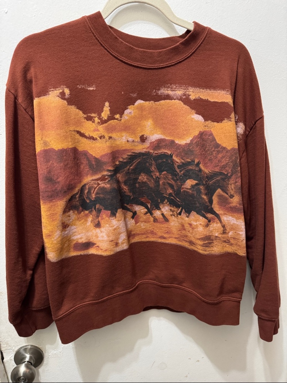 EUC Rust Brown Graphic Crewneck Sweater with Running Horses